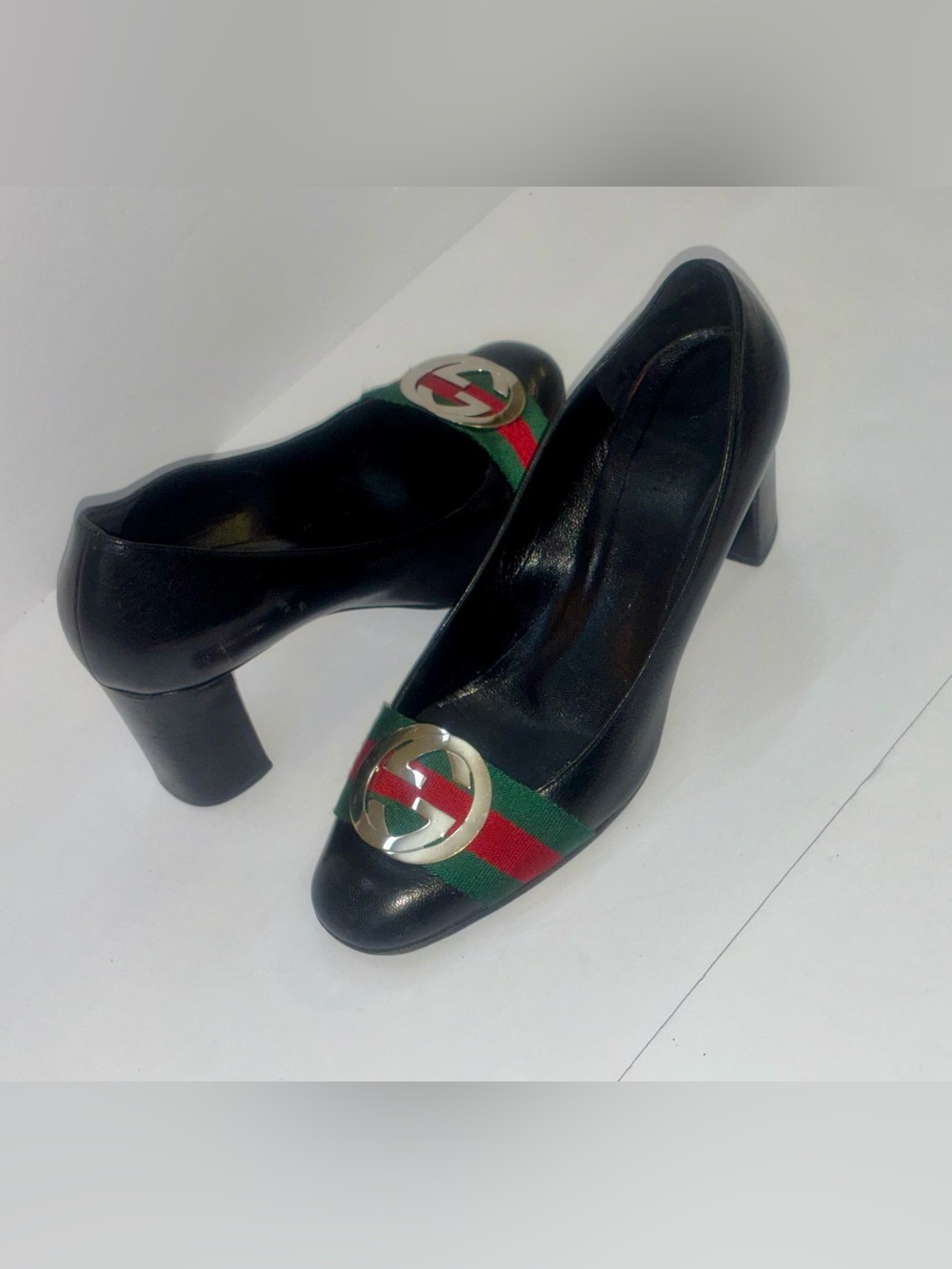 Gucci Marmont GG Logo Web Stripe Heels Black Leather Block Heel Pumps Size 7.5 M - Picture 5 of 9